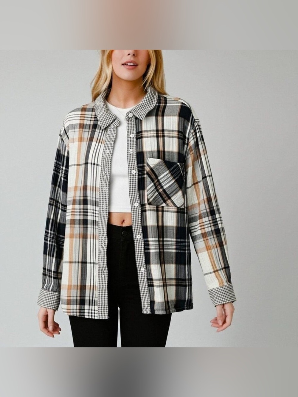 aerie Plaid Utility Button-Front Shirt in Black, Cream & Brown